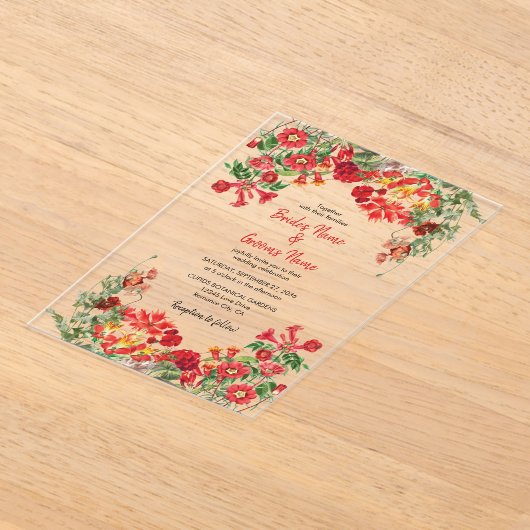 赤フローラガーデンボタニカルフラワー結婚ズ アクリル招待状 (レイダウン)