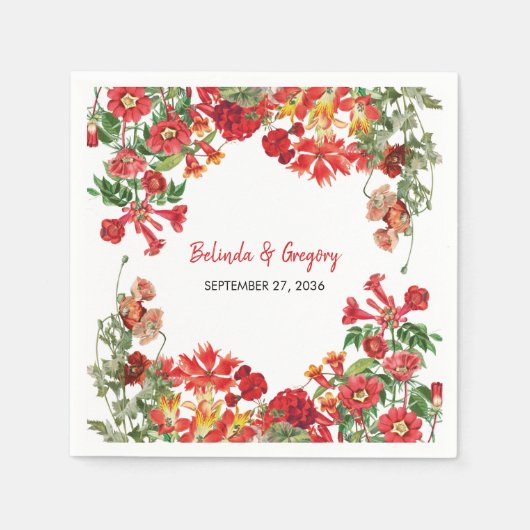 赤フローラガーデンボタニカルフラワー結婚ズ スタンダードカクテルナプキン (正面)