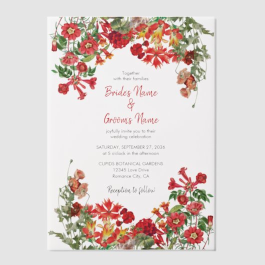 赤フローラガーデンボタニカルフラワー結婚ズ ベラム紙招待状 (正面)