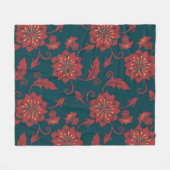 赤フローラダマスクのシームレスなパターン フリースブランケット (正面(横))