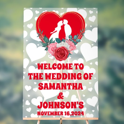 赤フローラハート結婚の歓迎フロスト アクリルサイン (ニュートラル)