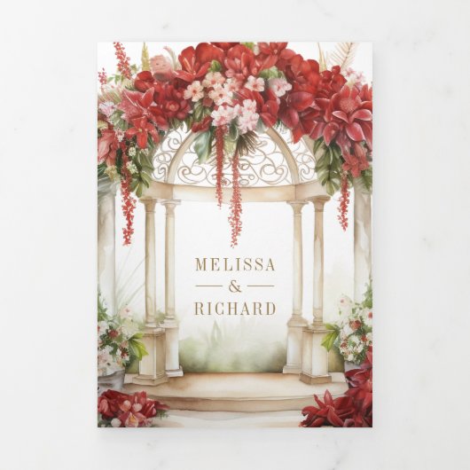 赤フローラバタフライガーデン結婚オールインワン 三つ折り招待状 (カバー)
