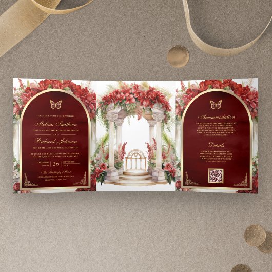 赤フローラバタフライガーデン結婚オールインワン 三つ折り招待状