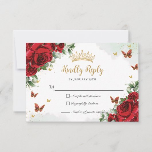 赤フローラフラワーズバタフライ金ゴールドキンセアニラ 出欠カード (正面)