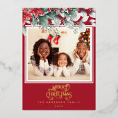 赤フローラフレームメリークリスマスホリデーフォト 箔シーズンカード (正面)