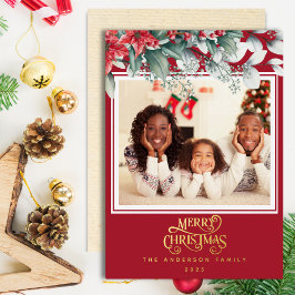 赤フローラフレームメリークリスマスホリデーフォト 箔シーズンカード