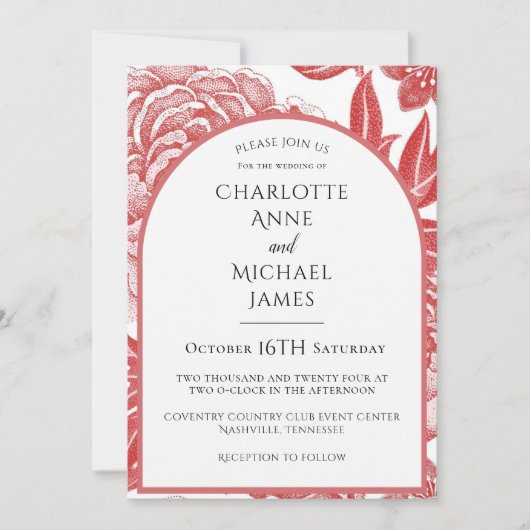 赤フローラフレーム水彩結婚式招待状 招待状 (正面)