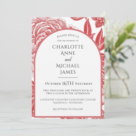 赤フローラフレーム水彩結婚式招待状 招待状 (スタンド正面)