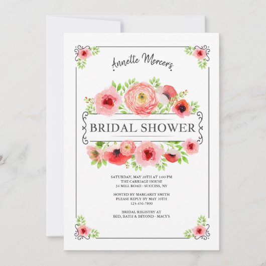 赤フローラブライダルシャワー招待 招待状 (正面)