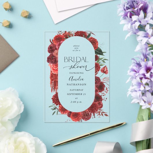 赤フローラブライダルシャワー アクリル招待状 (インサイチュ (ウェディング))