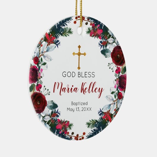赤フローラブルゴーニュパーソナライズされたーガールバプテスマ セラミックオーナメント (右)