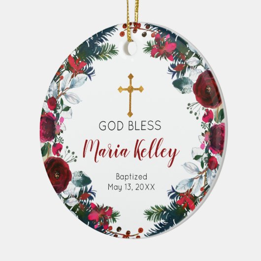 赤フローラブルゴーニュパーソナライズされたーガールバプテスマ セラミックオーナメント (左)