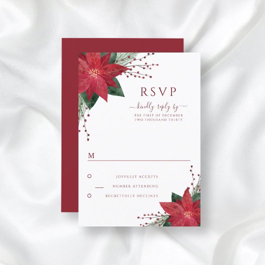 赤フローラポインセチアChristmas Wedding RSVPカード