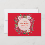 赤フローラリース中国の結婚式RSVP 出欠カード (裏面)