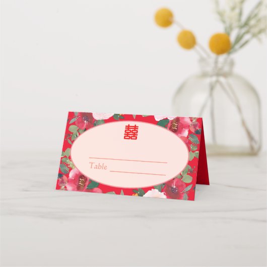 赤フローラリース中国の結婚披露宴 プレイスカード (正面)