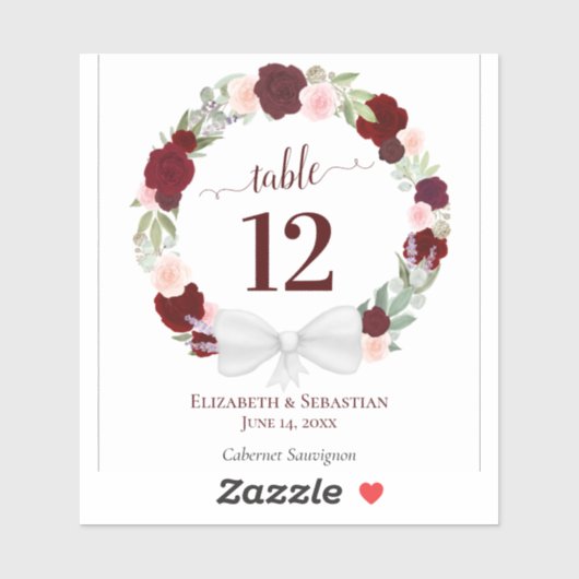 赤フローラリース結婚のテーブル番号ワインラベル シール (シート)