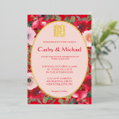 赤フローラリース赤中国の結婚花 箔招待状 (立ち正面)