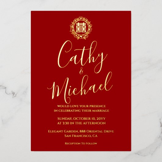 赤フローラ中国のリース結婚の 箔招待状 (正面)
