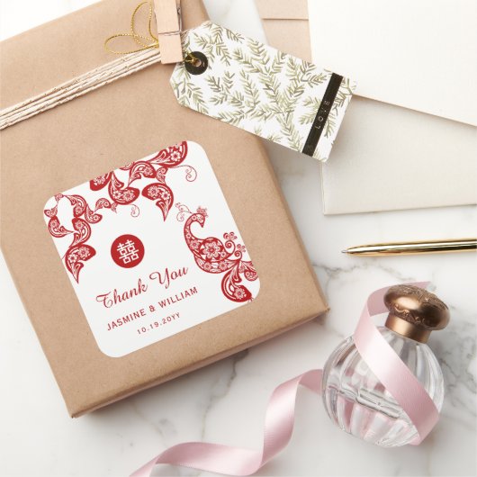 赤フローラ孔雀ダブルハピネスアジア結婚ズ スクエアシール (ギフト)