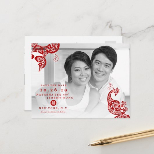 赤フローラ孔雀中国の写真保存 案内ポストカード (正面/裏面インサイチュ)