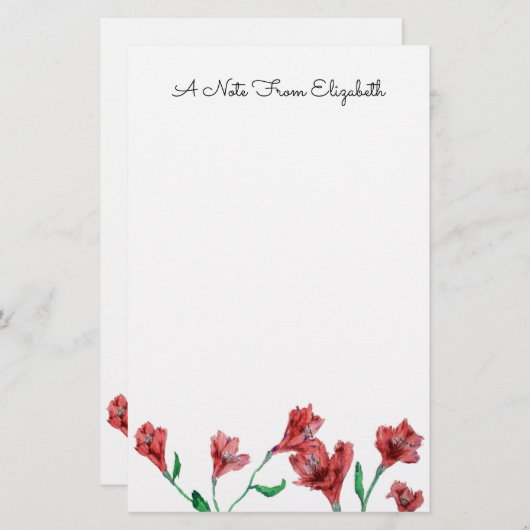 赤フローラ水彩文具パーソナライズされた具 便箋 (正面/裏面)