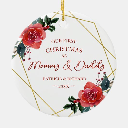 赤フローラ私たちの初めてのクリスマスとしてママとパパ セラミックオーナメント (裏面)
