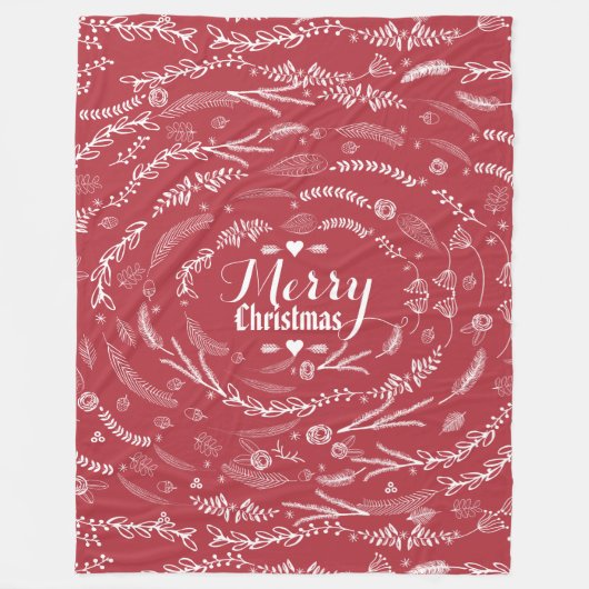 赤フローラ素朴ガーランドクリスマスパターン フリースブランケット (正面)