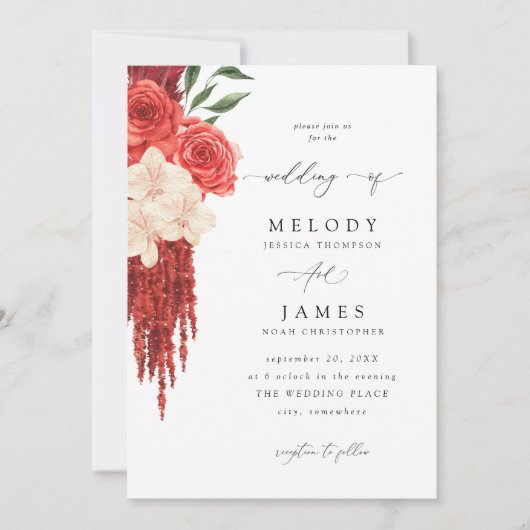 赤フローラ結婚式招待状V2 招待状 (正面)