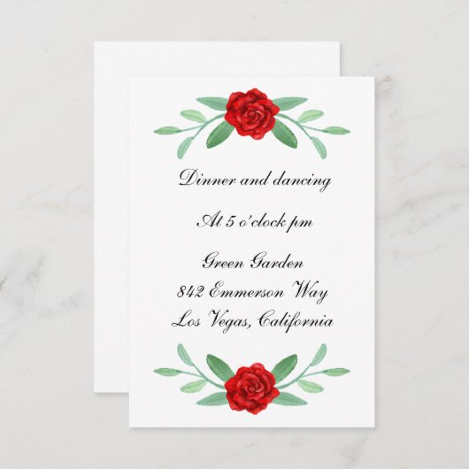 赤フローラ緑の葉ウェディングレセプションカード (正面/裏面)