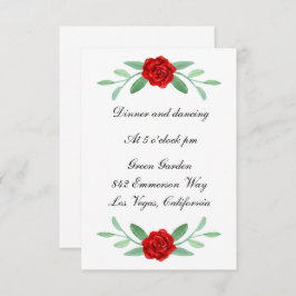 赤フローラ緑の葉ウェディングレセプションカード