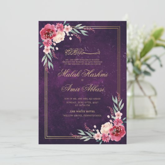 赤フローラ金ゴールドフレームムスリム結婚ズ 招待状 (スタンド正面)