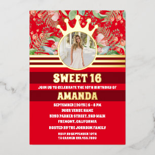 赤フローラ金ゴールド王女Sweet 16写真 箔招待状