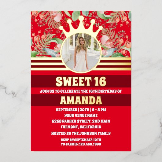 赤フローラ金ゴールド王女Sweet 16写真 箔招待状 (正面)