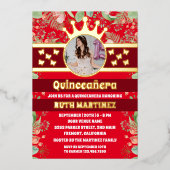 赤フローラ金ゴールド蝶キンセアニェラパーティー写真 箔招待状 (正面)