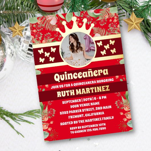 赤フローラ金ゴールド蝶キンセアニェラパーティー写真 箔招待状