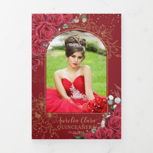 赤フローラ金ゴールド蝶キンチェニェラ15写真 三つ折り招待状 (カバー)