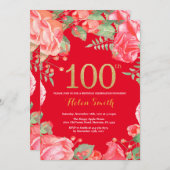 赤フローラ100番目の誕生日金ゴールドグリッターと赤 招待状 (正面/裏面)
