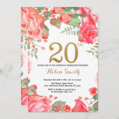 赤フローラ20番目の誕生日招待状金ゴールドグリッター 招待状 (正面/裏面)