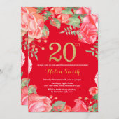 赤フローラ20番目の誕生日金ゴールドグリッターと赤 招待状 (正面/裏面)