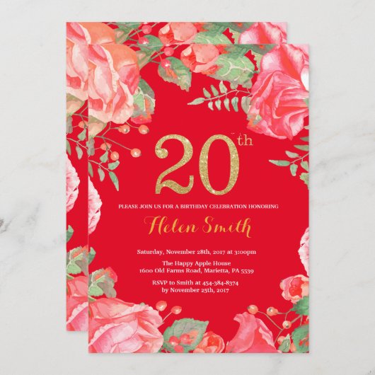赤フローラ20番目の誕生日金ゴールドグリッターと赤 招待状 (正面/裏面)
