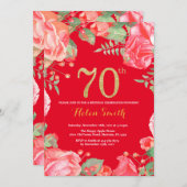 赤フローラ70th誕生日金ゴールドグリッターと赤 招待状 (正面/裏面)