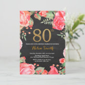 赤フローラ80番目の誕生日招待状金ゴールドグリッター 招待状 (スタンド正面)
