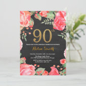 赤フローラ90番目の誕生日招待状金ゴールドグリッター 招待状 (スタンド正面)