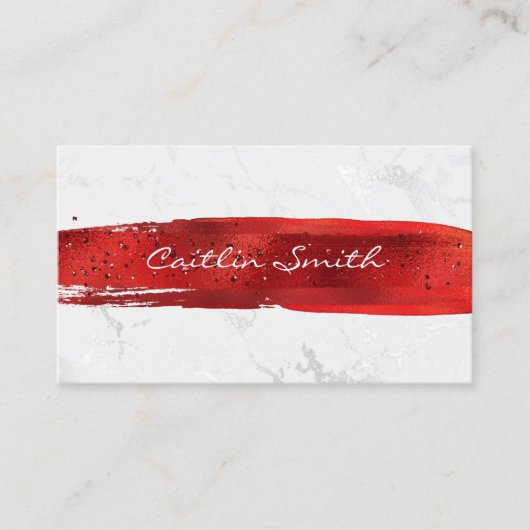 赤ブラシストローク銀白色フォイル大理石 名刺 (正面)