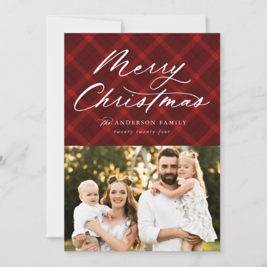 赤ブラシ付き格子模様メリークリスマス3写真 シーズンカード (正面)