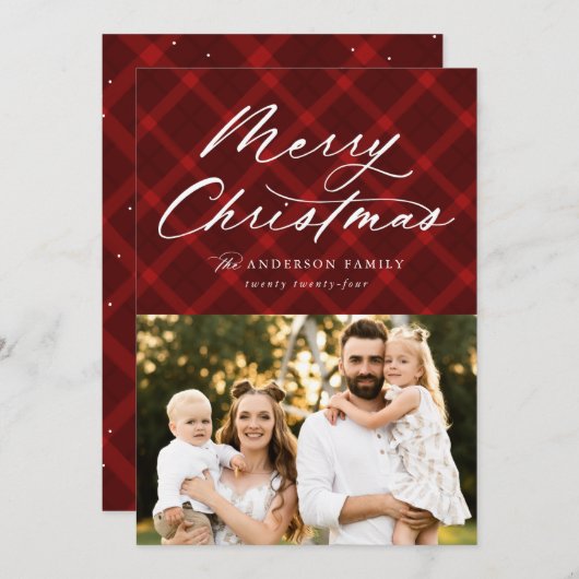 赤ブラシ付き格子模様メリークリスマス3写真 シーズンカード (正面/裏面)