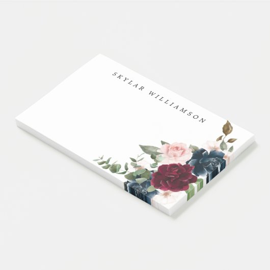 赤ブルゴーニュと青エレガント水彩の花 ポストイット (アングル)