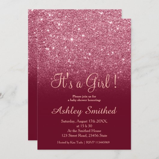 赤ブルゴーニュグリッターシックグラデーションガールベビーシャワー 招待状 (正面/裏面)