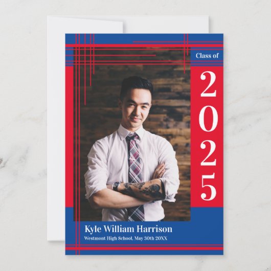赤ブルースクールカラー卒業写真プレイド 招待状 (正面)