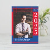 赤ブルースクールカラー卒業写真プレイド 招待状 (スタンド正面)